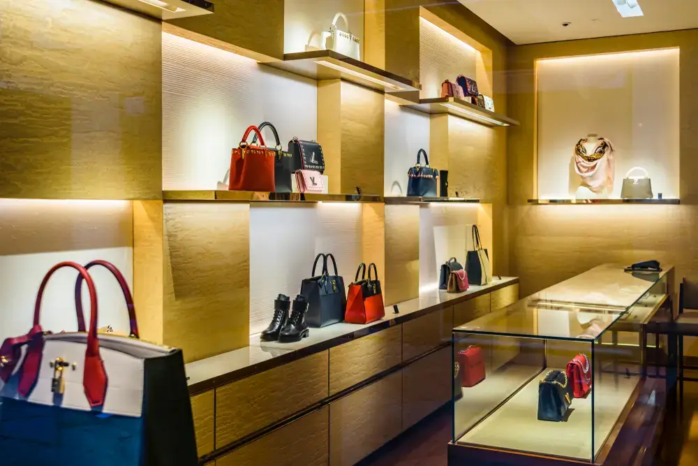 Boutique de luxe o dans laquelle sont exposés des sacs à mains modernes sur des étagères.