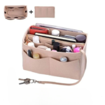 Rangement sac à main rose multi espaces, vue de haut vide ainsin que vue de l'accessoire repmpli