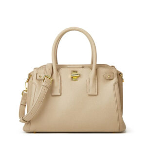 Sac à main beige en simili cuir élégant et spacieux, sur un fond blanc.