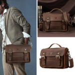 Sac à main homme cuir marron pratique et décontracté vue sous 3 angles différents