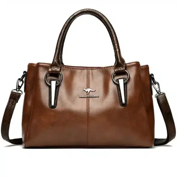 Sac à main marron élégant grande capacité, sur un fond blanc.