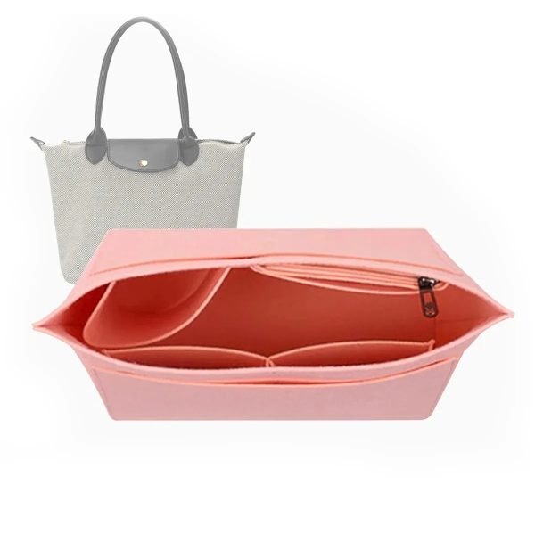 Rangement sac à main en feutre multi poches, de couleur rose, vue face et vue de haut