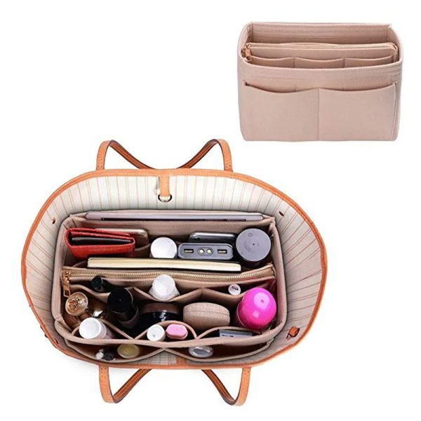 Rangement sac à main rose multi espaces, sur un fond blanc ouvert avec vue sur l'intérieur