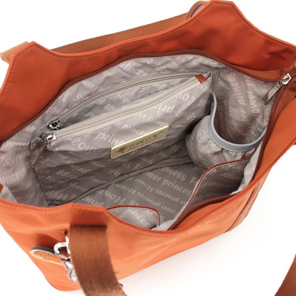 Sac à main cours orange et pratique en nylon ouvert avec vue de l'intérieur