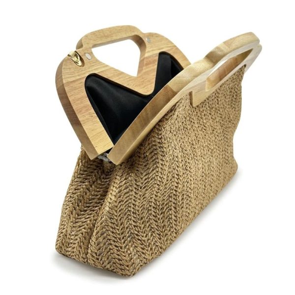 Sac à main paille avec poignées en bois ouvert